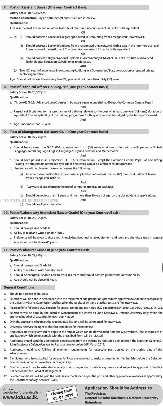 Management Assistant, Laboratory Attendant, Technical Officer, Assistant Registrar, Assistant Bursar, Professor, Senior Lecturer, Lecturer, Temporary Demonstrator, Labourer - General Sir John Kotelawala Defence University